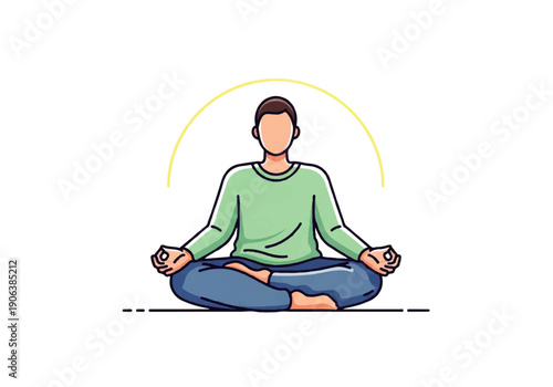 Vector flat design illustration of a man meditating in a lotus position with a serene and peaceful mood against a clean white background.