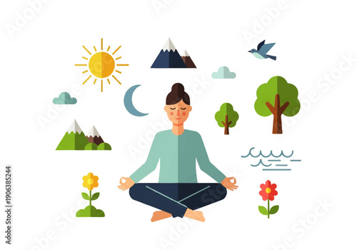 Vector flat design illustration of a serene woman meditating in lotus position surrounded by nature elements like sun, moon, trees, flowers, and birds in a calming atmosphere.