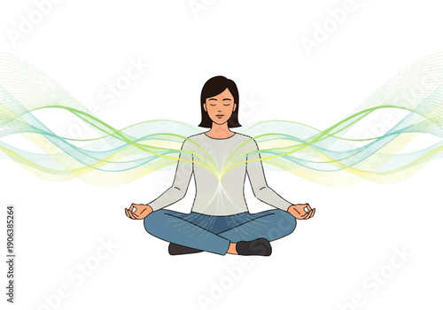 Vector flat design illustration of a serene woman meditating in lotus position with colorful flowing lines behind her on a white background.