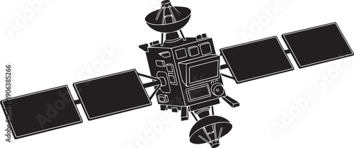Satellite with solar panels in space Silhouette vector black on a white background