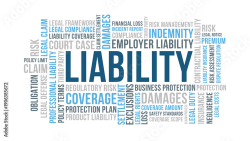 Liability coverage and indemnity word cloud, liability insurance risk management legal concept