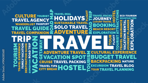 Travel word cloud design, Travel tourism adventure vacation word cloud with journey culture and destination concept