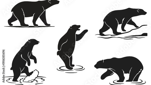 Silhouettes of polar bears in various poses on ice floes.