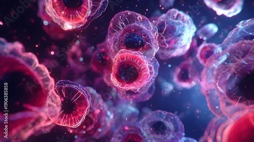 Vibrant Microscopic View of Cellular Structures in a Biological Environment.