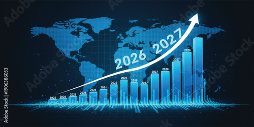 Global Business Growth Forecast Chart with Rising Bar Graph and World Map Showing 2026 to 2027 Economic Trends Financial Performance and Market Expansion Concept