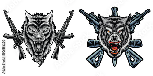Aggressive, angry, roaring wolf and tiger heads with crossed rifles behind them. High-quality vector design illustration.