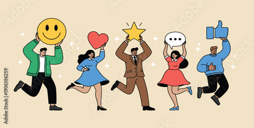 Happy People Illustration Holding Emoji Icons with Likes Hearts Stars and Chat Symbols for Social Media Engagement Feedback and Positive User Experience Vector Design