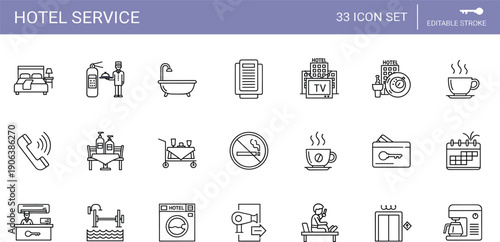 Hotel Service and Hospitality Line Icon Set with Room, Reception, Laundry, Restaurant, Booking, and Guest Support Symbols for Web and App Design