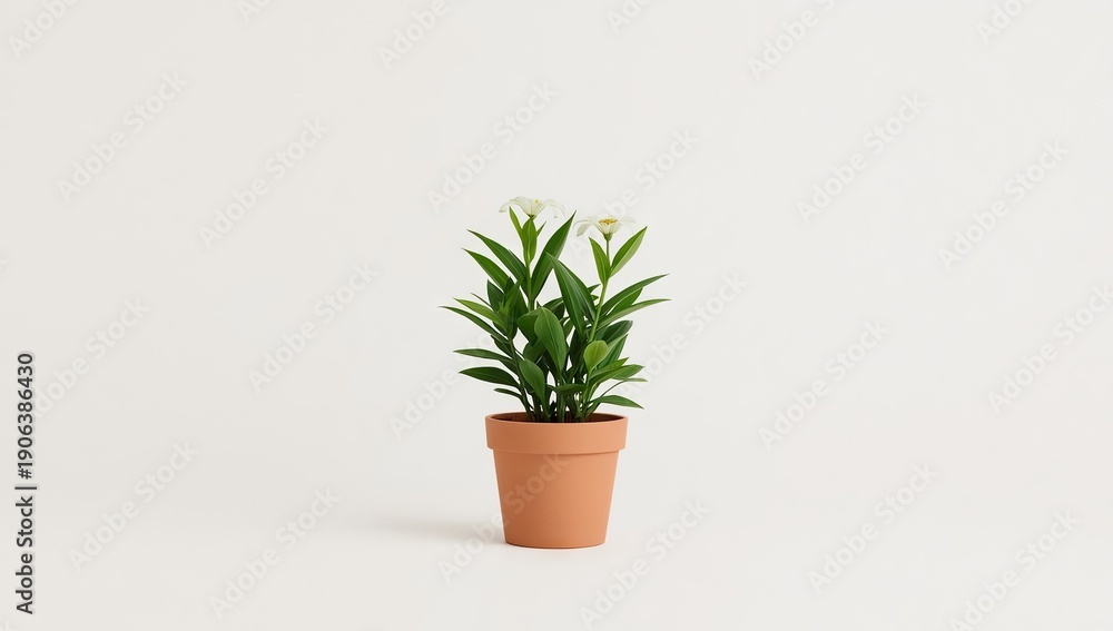 Fototapeta premium Small potted plant with green leaves and white flowers sits against a neutral, plain background