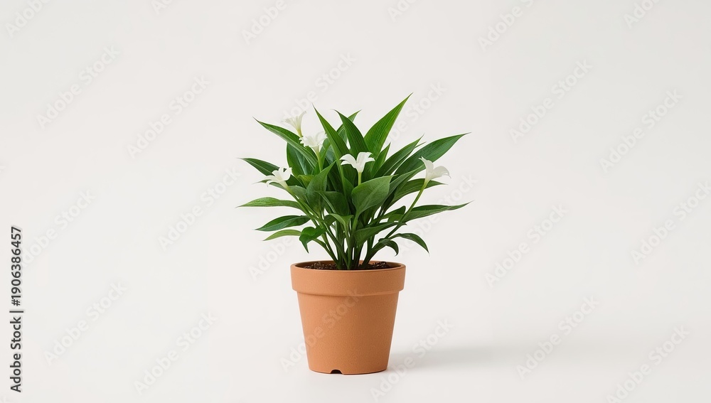 Fototapeta premium Lush green plant with white flowers in a terracotta pot against a clean white backdrop. Perfect for simplicity