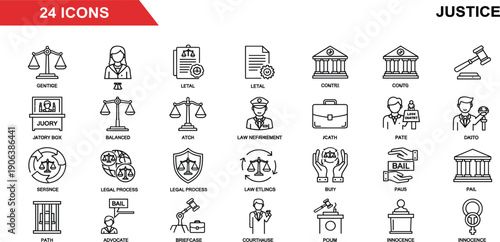 Justice and Legal System Line Icon Set with Court, Law, Jury, Judge, Balance, Verdict, and Legal Process Symbols for Web and App Design