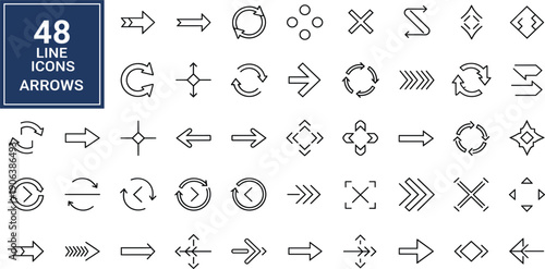Line Arrow Icon Set with Direction Navigation Refresh Loop Move and Interface Action Symbols for Web Apps and User Interface Design