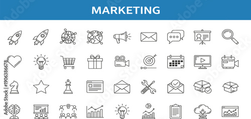 Marketing Line Icon Set with Strategy Advertising Analytics Communication and Ecommerce Symbols for Web UI UX and Digital Campaign Design