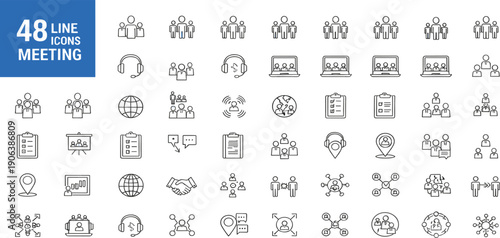 Meeting and Conference Line Icon Set with Team Collaboration, Online Communication, Video Calls, Scheduling, and Business Discussion Symbols for Web, App, and UI Design