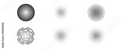 Black concentric circle set. Sonar or sound wave ring collection. Dotted and linear epicentre, target, radar icon concept. Ripple radial signal or vibration elements. Vector line and halftone symbols