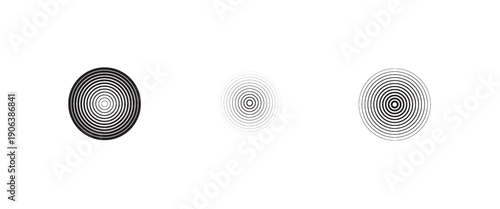 Black concentric circle set. Sonar or sound wave ring collection. Dotted and linear epicentre, target, radar icon concept. Ripple radial signal or vibration elements. Vector line and halftone symbols