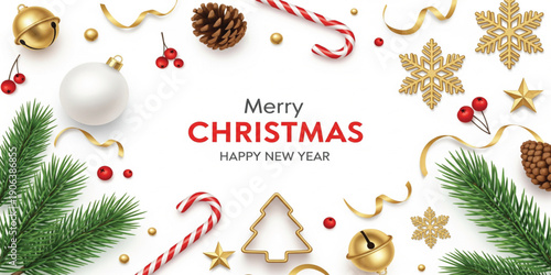 Merry Christmas and Happy New Year Greeting Illustration with Festive Decorations Pine Branches Golden Ornaments Snowflakes and Holiday Elements for Seasonal Card Design