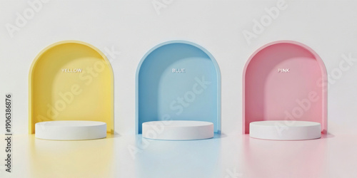 Minimal Abstract Podium Set with Yellow Blue and Pink Arch Backgrounds for Product Display, Presentation Mockups, Branding, and Modern Advertising Designs
