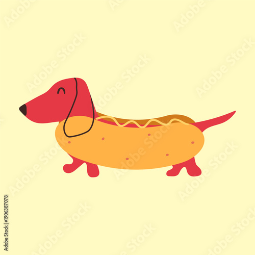 Colorful Dachshund Hot Dog Cartoon. Funny Character Vector Illustration on Yellow Background.