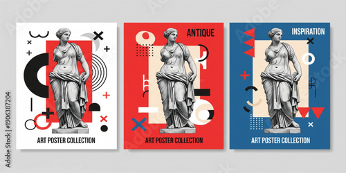 Modern Abstract Art Poster Collection with Classical Greek Statue and Geometric Shapes for Creative Wall Art, Gallery Prints, Branding, and Contemporary Design Projects