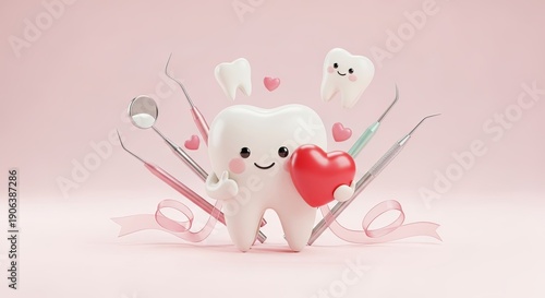 Cute cartoon tooth with red heart and dental tools on pink background. Dental care concept for Valentines day, healthy teeth, dentistry celebration.