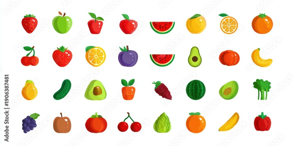 Obraz premium Colorful collection of various fruits including strawberries, apples, watermelons, oranges, and bananas arranged in a grid pattern on a white background