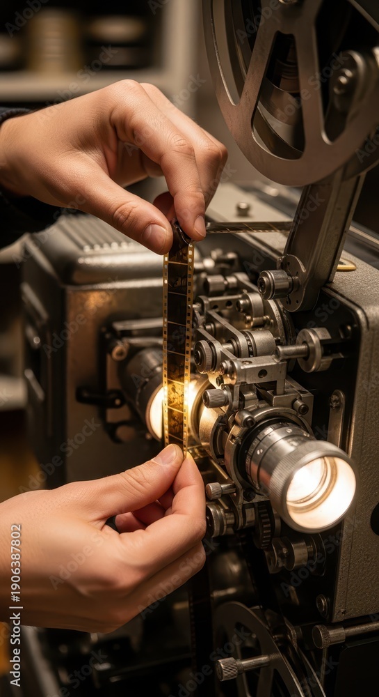 Fototapeta premium Technician delicately threads motion picture through an antique mechanical projection device