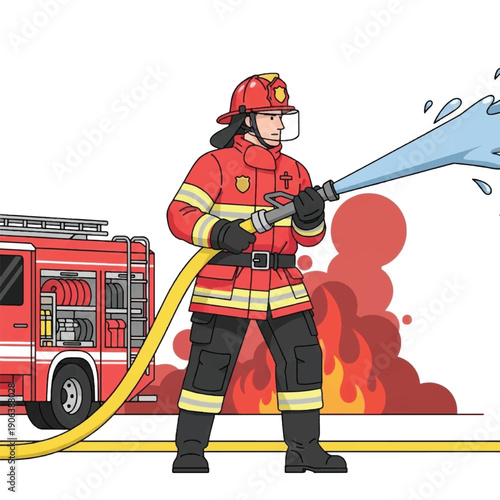 Firefighter in action with hose.