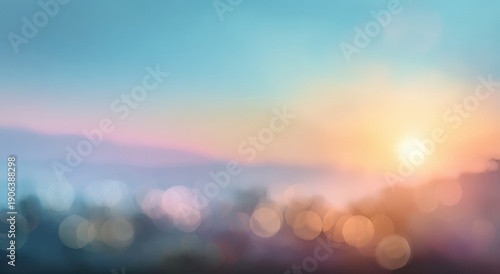 Blurred landscape view of a sunset over hills with soft pastel colors and bokeh effect, creating a serene and tranquil atmosphere in the background