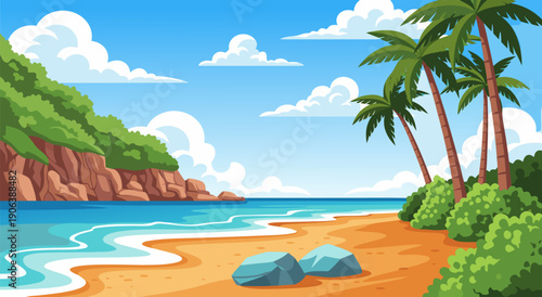 Beautiful Tropical Beach Landscape with Palm Trees and Ocean Waves Vector Illustration