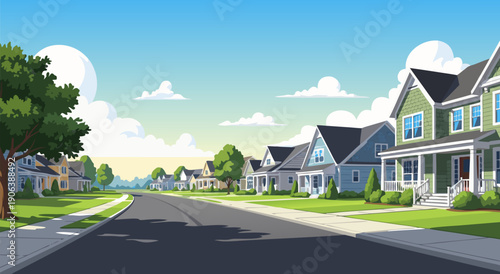Charming Suburban Neighborhood Street Scene Vector Illustration with Blue Sky and Green Trees