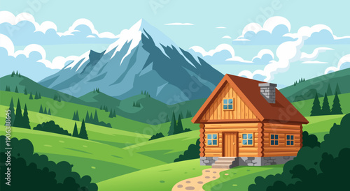 A picturesque vector illustration of a cozy wooden cabin nestled in a vibrant green valley with a majestic snow-capped mountain in the background, perfect for nature and travel themes
