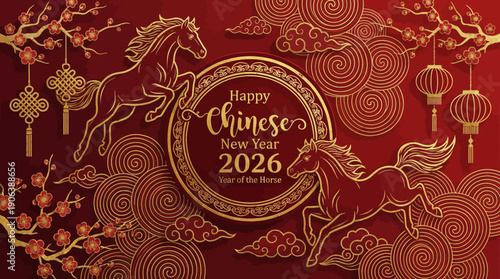 Chinese New Year 2026 Vector Greeting Card – Year of the Horse, Red Gold Festive Design with Lanterns, Clouds, Motifs, Cultural Celebration, Zodiac Art, Heritage Branding