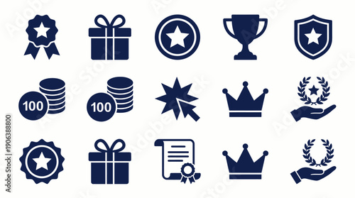 Rewards and Achievements Icons Vector Set – Dark Blue Recognition Symbols of Trophy, Crown, Laurel Wreath, Shield, Gift, Certificate, Coins, Badge, Gamification, Incentive Design