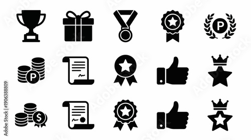 Rewards and Achievements Icons Vector Set – Dark Blue Recognition Symbols of Trophy, Crown, Laurel Wreath, Shield, Gift, Certificate, Coins, Badge, Gamification, Incentive Design