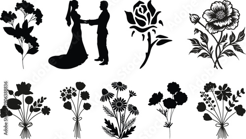Rose Bouquet Silhouettes Set Black Vector Collection Floral Ribbon Wedding Decoration, black and white silhouette, floral arrangement collection, wedding decoration, romantic botanical design,