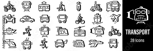 Transport vehicle and travel mode line icons set