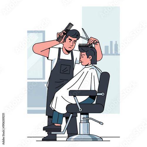 Man getting haircut by barber indoors.