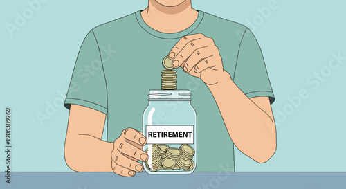Flat minimalist illustration of retirement savings preparation, individual placing coins into retirement jar, simple interior background, solid pastel color, flat illustration style, front view
