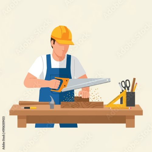 Man in blue overalls using power saw.