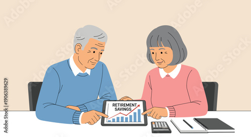 Flat minimalist illustration of retirement fund planning, mature couple reviewing savings chart at home table, notebook and calculator neatly arranged, solid color minimalist background, flat vector s