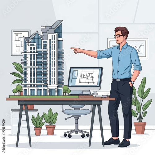 Man pointing at building model.