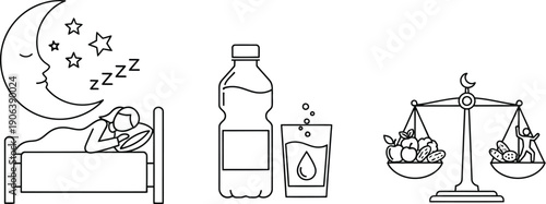 Healthy Lifestyle Icons: Sleep, Hydration, and Balanced Diet