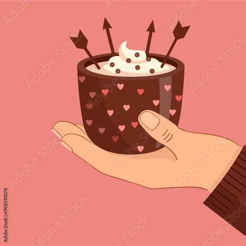 Hands holding brown mug of hot chocolate with whipped cream 