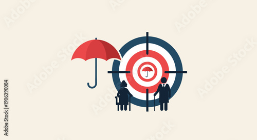 Flat minimalist illustration of retirement financial goals, target icon with umbrella and senior symbol, minimalist background, solid neutral color, flat illustration style, centered composition,focus