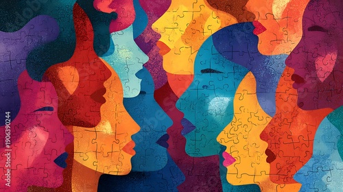 Illustration of diverse faces formed from puzzle pieces, symbolizing connection and unity