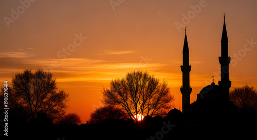 Beautiful Silhouette of a Mosque with Minarets at Golden Hour