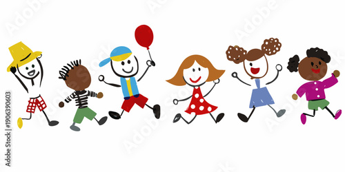 A colorful illustration of diverse children holding hands and playing