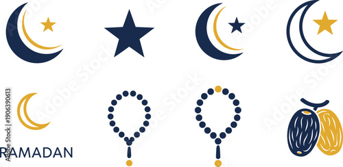 Ramadan crescent moon star icons, Islamic prayer beads tasbih, dates fasting symbols, spiritual holy month celebration, religion culture tradition design