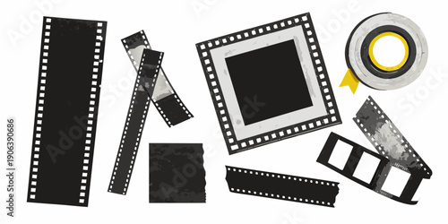 Arrangement of vintage film strips and a reel evoking cinematic history